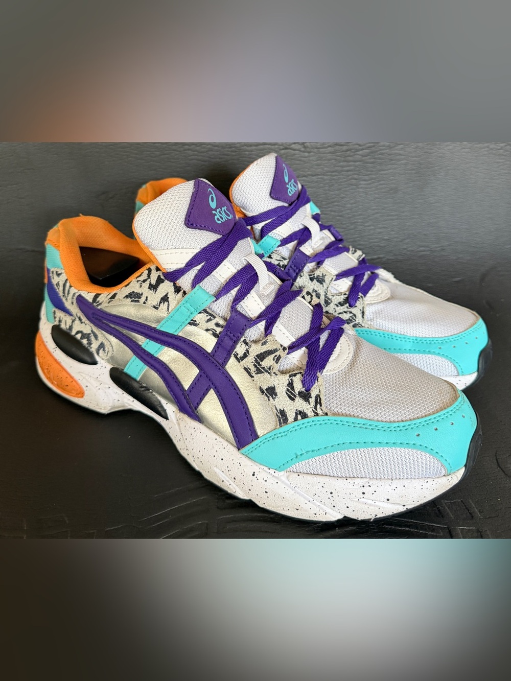 Asics Men’s White Sneakers with Turquoise, Purple & Orange Accents